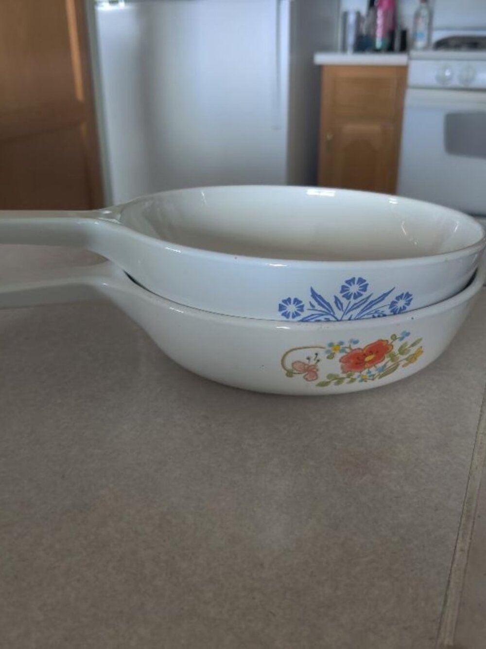 Two Corningware Vtg. 6.5" Skillets P-83-B Blue Cornflower & Wildflower Patterns